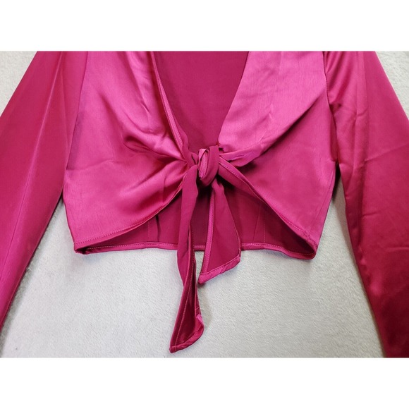 FOREVER 21 Satin Top Womens XS Magenta Polyester‎ Bell Sleeve V Neck Drawstring - Picture 3 of 9
